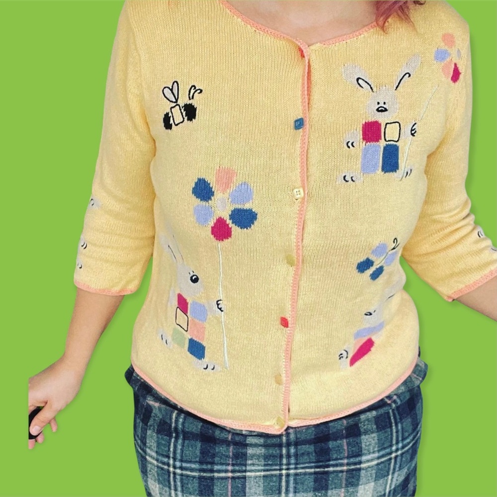 Easter yellow knit sweater with buddies and bugs button up 3/4 sleeve medium